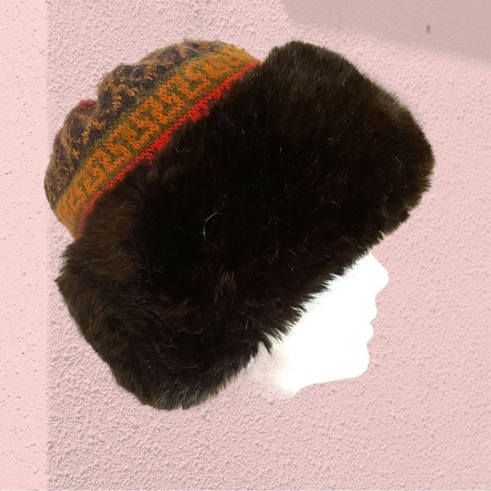 Vintage faux fur hat with fair isle knit top